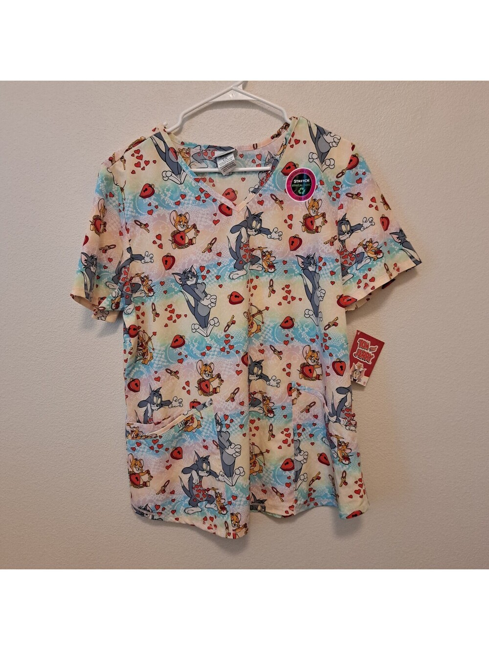 Tom and Jerry Cartoon Characters Colorful Stretch Ethical Fabric Scrub Top L/G